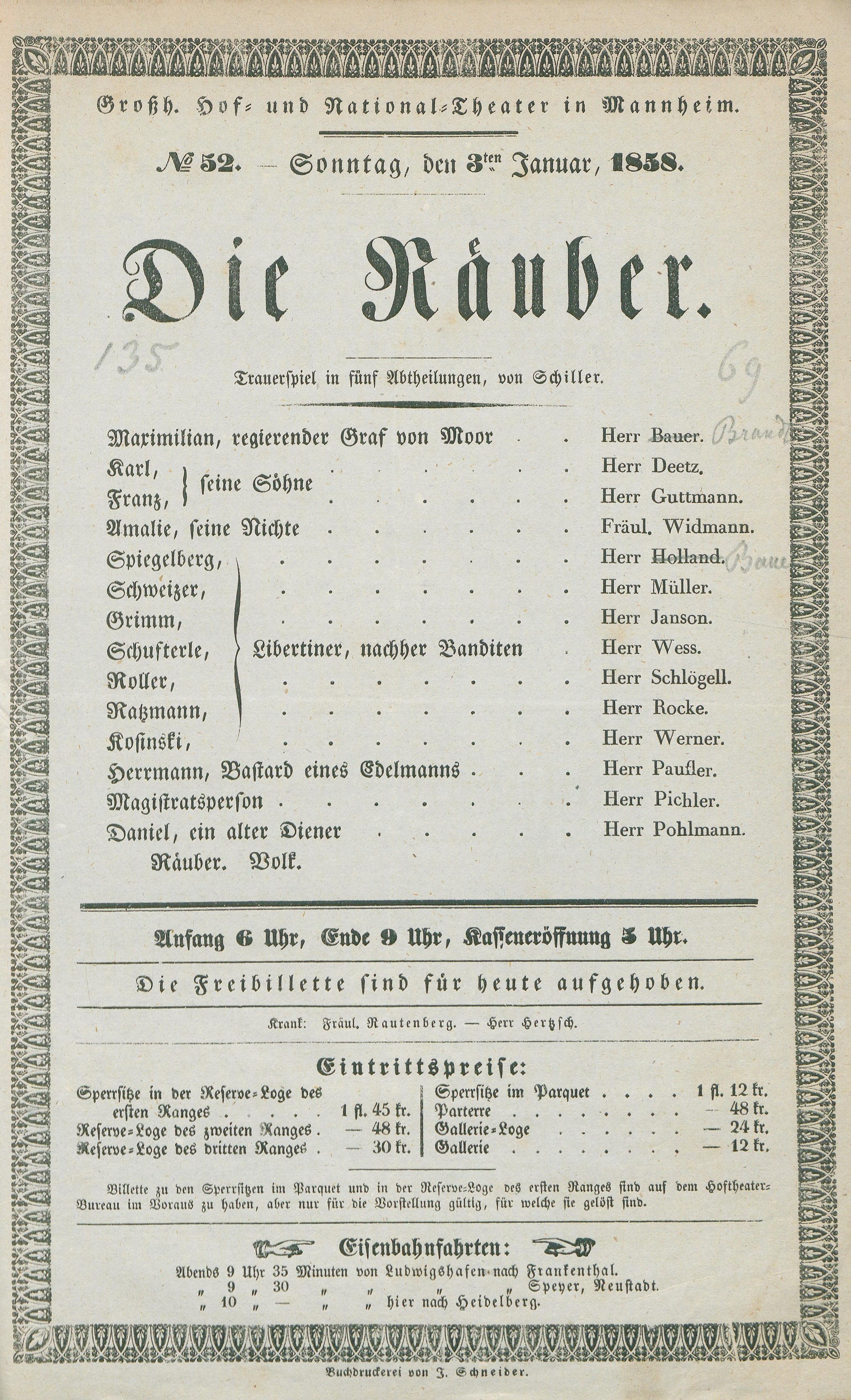 Theaterzettel von Schillers Die Räuber aus dem Jahr 1858